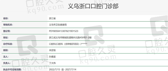 浙江义乌浙口口腔门诊部资质证明