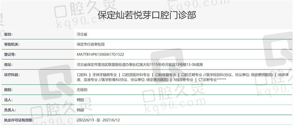 保定灿若悦芽口腔门诊部资质证明