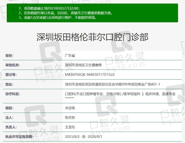 深圳坂田格伦菲尔口腔门诊部资质