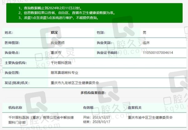 重庆千叶眼科医院郑汉院长资质