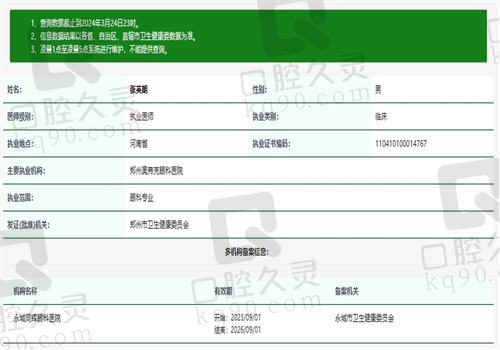 郑州奥弗克眼科医院张英朗资质