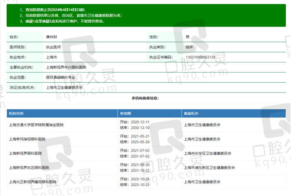 上海新视界中兴眼科医院廉井财医生资质