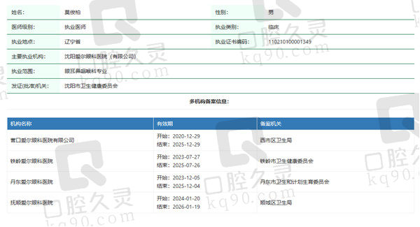 沈阳爱尔眼科医院莫俊柏医生资质