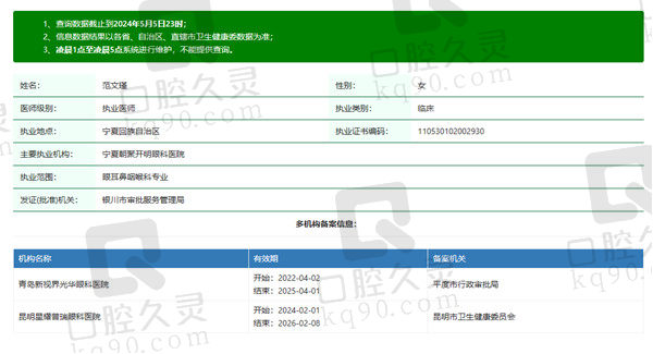 宁夏朝聚开明眼科医院范文瑾医生资质