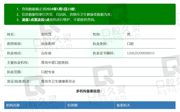 青岛中诺口腔医院刘光茂院长资质