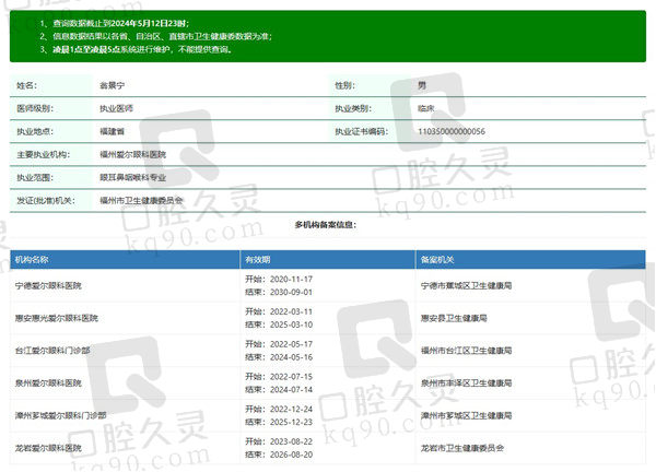 福州爱尔眼科医院翁景宁医生资质