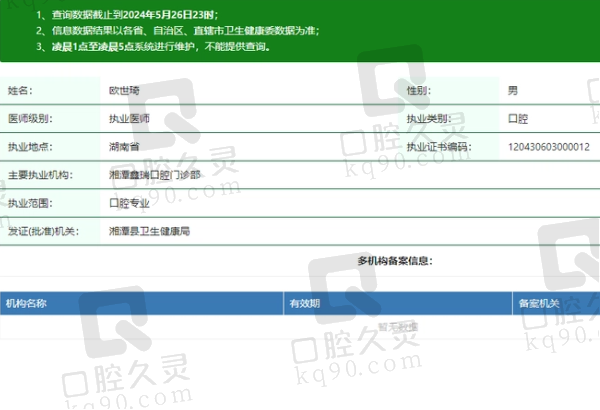 湘潭鑫瑞口腔门诊部欧世琦医生资质