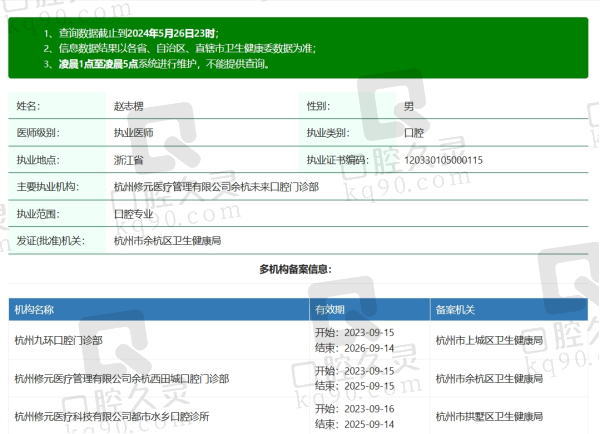 杭州修元口腔赵志楞医生资质