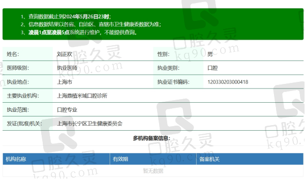 上海鼎植口腔刘正欢医生资质