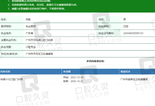 广州天河柏德口腔门诊部闫振医生简介