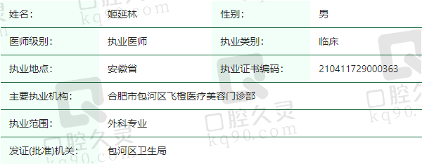 合肥包河飞橙医疗美容门诊部姬延林医生资质正规