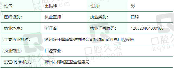 衢州柯城新荷可恩口腔诊所王振峰医生资质正规