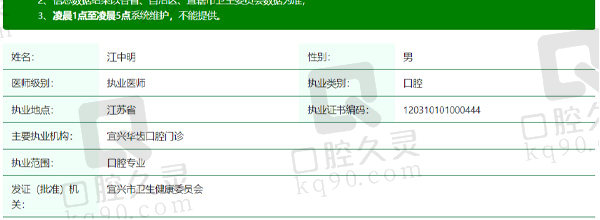 无锡宜兴华齿口腔门诊部江中明医生资质信息