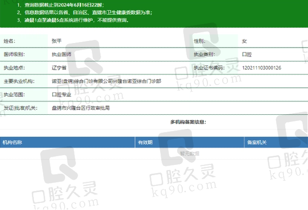 盘锦诺亚口腔门诊部张平医生资质