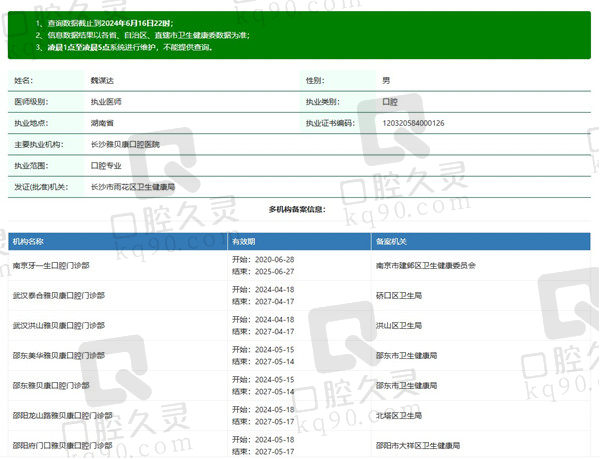 长沙雅贝康口腔医院魏谋达医生资质