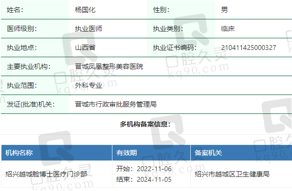 绍兴越城脸博士医疗门诊部杨国化医生资质正规