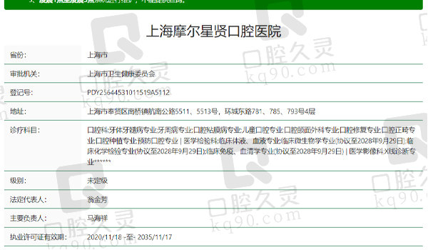 上海摩尔星贤口腔医院资质表