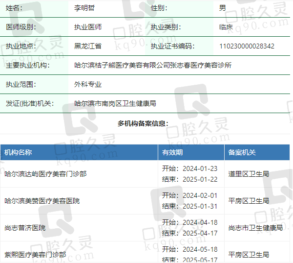 哈尔滨紫熙医疗美容门诊部李明哲医生资质正规