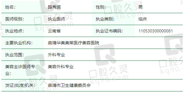 曲靖华美美莱医疗美容医院路秀波医生资质正规