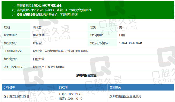 深圳瑞尔齿科高太智医生资质信息