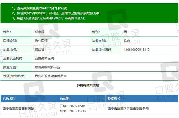 西安高新医院眼科段宇辉医生资质