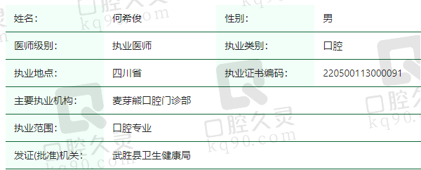 武胜麦芽熊口腔门诊部何希俊医生资质正规