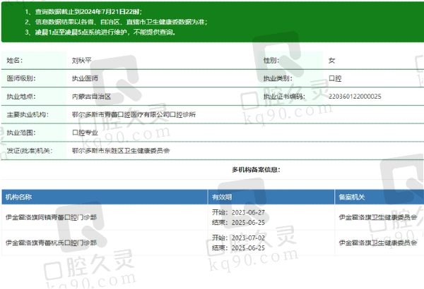 鄂尔多斯青蕾口腔诊所刘秋平医生资质