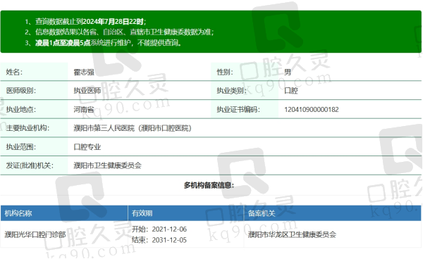 濮阳光华口腔霍志强医生资质