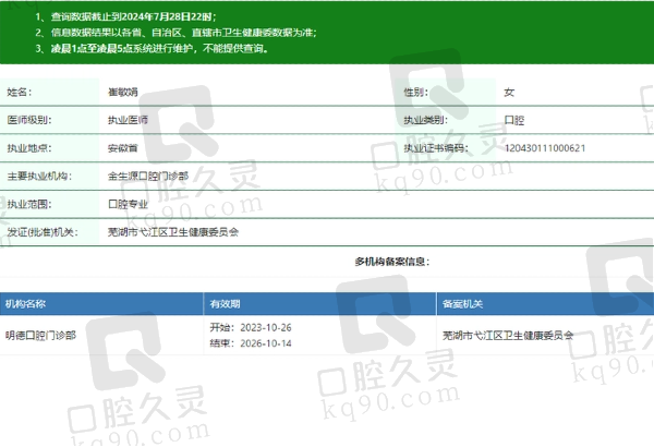 芜湖金生源口腔门诊部崔敏娟医生资质