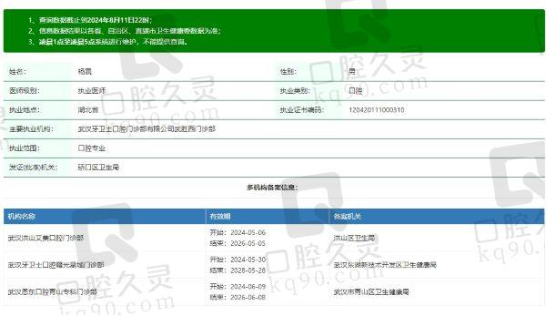 武汉牙卫士口腔医院杨震医生资质信息