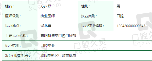 襄阳新德芽口腔门诊部方少磊医生资质正规