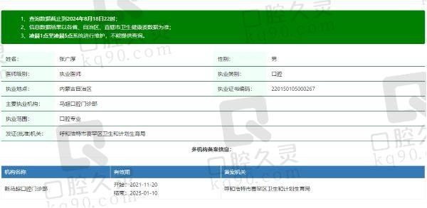 呼和浩特马超口腔门诊部张广厚医生资质信息
