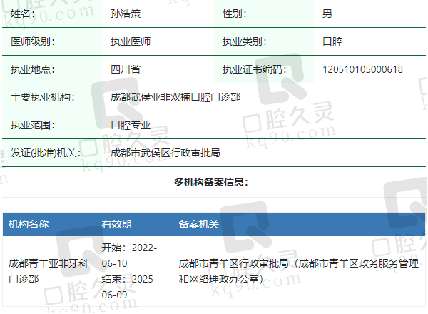 成都武侯亚非双楠口腔门诊部孙浩策医生资质正规