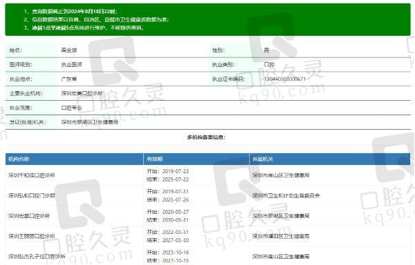 深圳千和佳口腔诊所高全斌医生资质信息