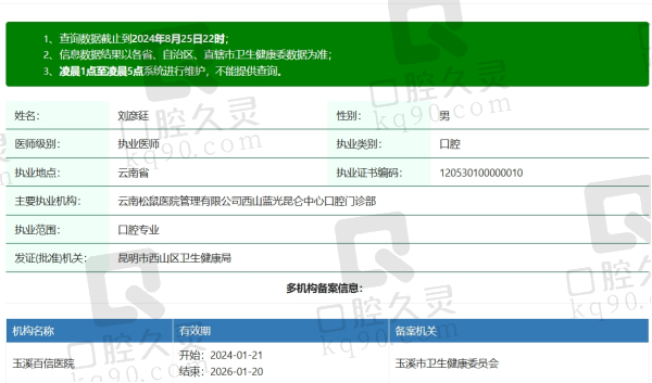 玉溪百信医院口腔科刘彦廷资质