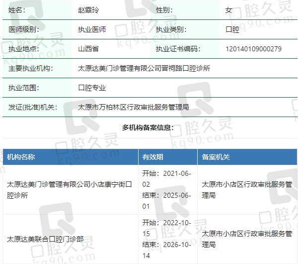 太原达美长治路口腔门诊部赵霞玲医生资质正规