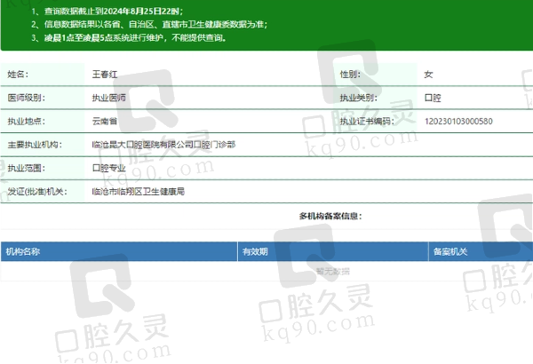 临沧昆大口腔门诊部王春红医生资质