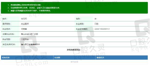 鲁山众诺口腔门诊部朱元可医生资质信息