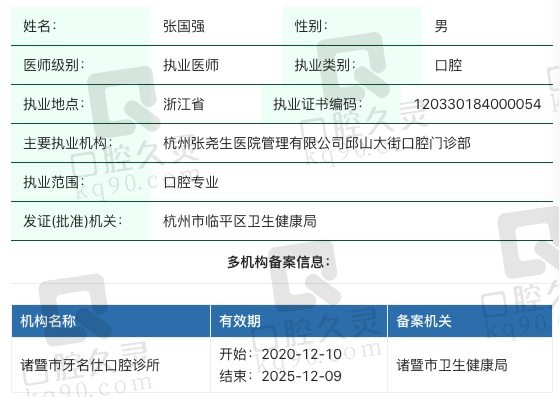 诸暨牙名仕口腔张国强执业信息