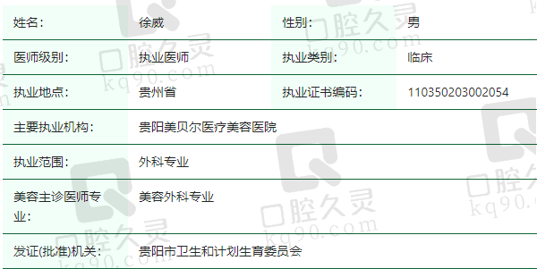贵阳美贝尔医疗美容医院徐威医生资质正规