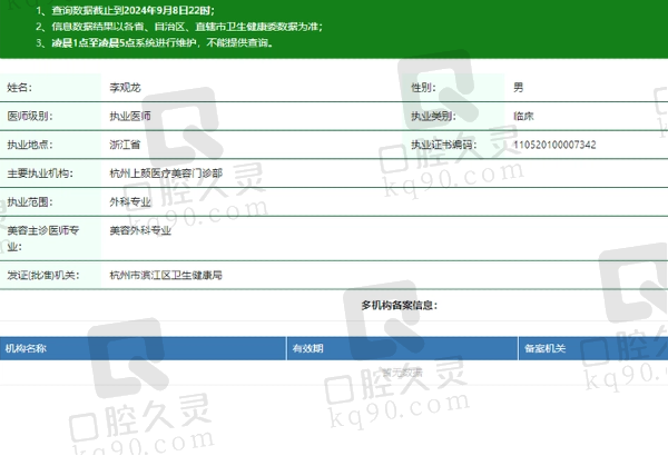杭州上颜医疗美容门诊部李观龙医生资质