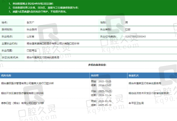 烟台泰麟口腔门诊部赵文广 医生资质