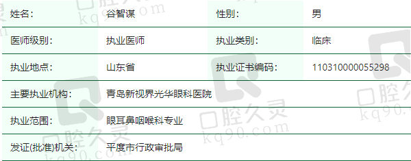 青岛新视界光 华眼科医院谷智谋医生资质正规
