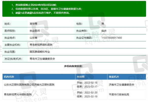 青岛新视界眼科医院宫华青医生资质