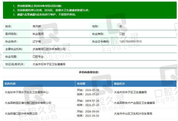 大连极植口腔诊所宫月娇医生资质