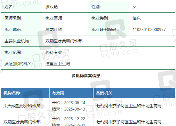 哈尔滨双燕医疗美容门诊部滕双艳医生资质正规