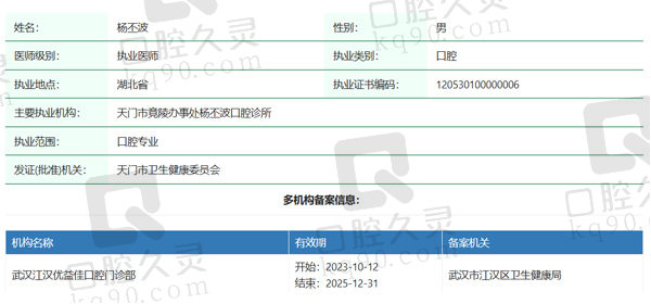 武汉优益佳口腔杨丕波医生资质信息