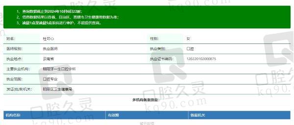 镇雄牙一生口腔门诊部杜可心医生个人资质