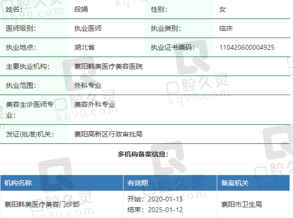 襄阳韩美医疗美容医院段娟医生资质正规：