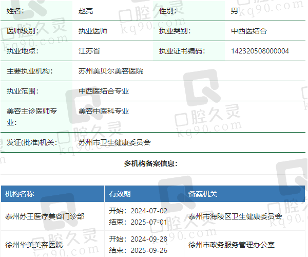 苏州美贝尔美容医院赵亮医生资质正规